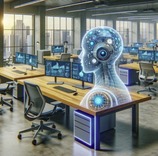 Intelligenza artificiale in ufficio digitale che ottimizza il tempo e la produttività nel lavoro moderno